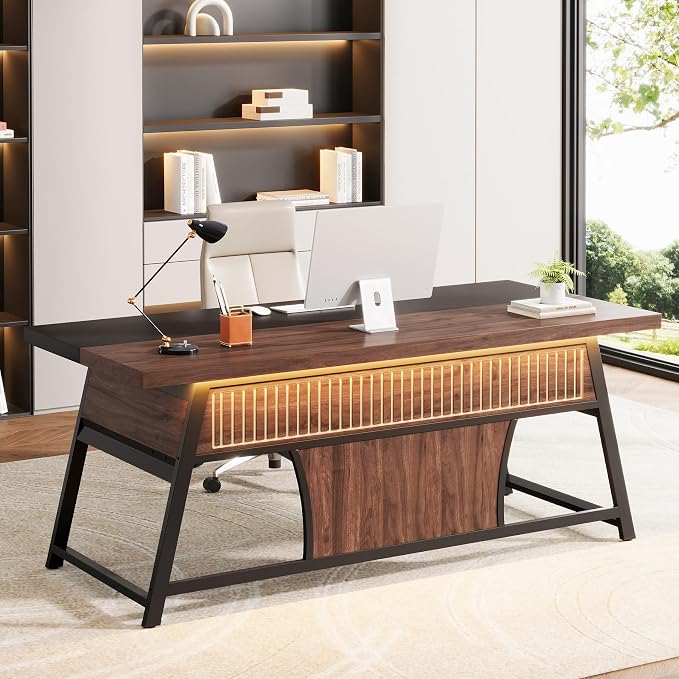 63-inch Executive Desk with Storage Shelf, Large Home Office Desk with Metal Frame & LED Light, Long Computer Desks for Home Office, Walnut and Black