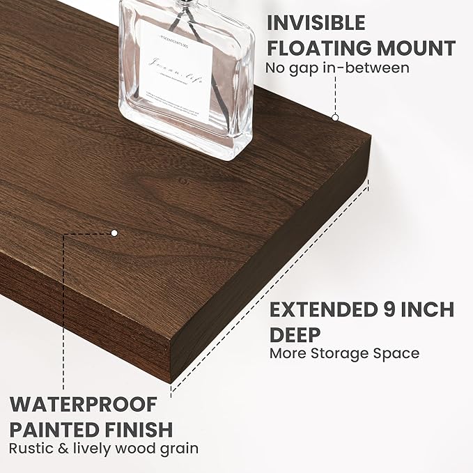 Marsmiles Solid Wood Floating Shelves for Wall, 55”W x 9”D x 1.56”H Large Wall Shelves for Living Room Bedroom Bathroom Kitchen Drcor Storage with Invisible Heavy-Duty Metal Bracket, Walnut, Set of 1