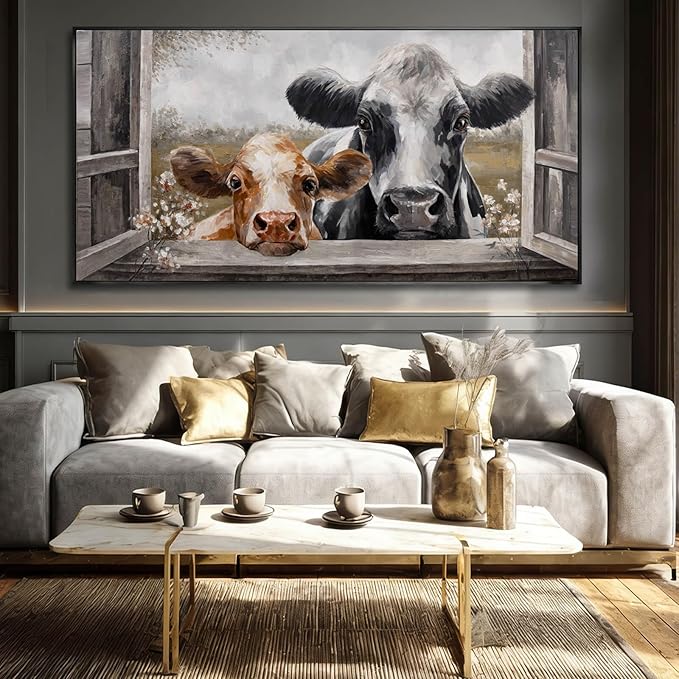 Modern Framed Wall Decor Cow Wall Art Grey and Brown Picture Prints 29"x58" Decorations for Bedroom Posters for Living Room