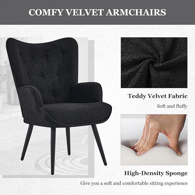 Furnimart Faux Fur Black Accent Chair Wing Back Modern Living Room Chairs, Comfy Armchair Leisure Vanity Guest Chair for Office Vanity Bedroom Waiting Room Black Faux Fur