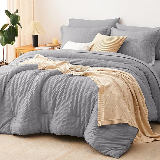 CozyLux King Size Comforter Set Grey, 7 Pieces Seersucker Textured Luxury Bed in a Bag Grey, All Seasons Soft Bedding Sets with Down Alternative Comforter, Sheets, Pillowcases & Shams, Home Gift