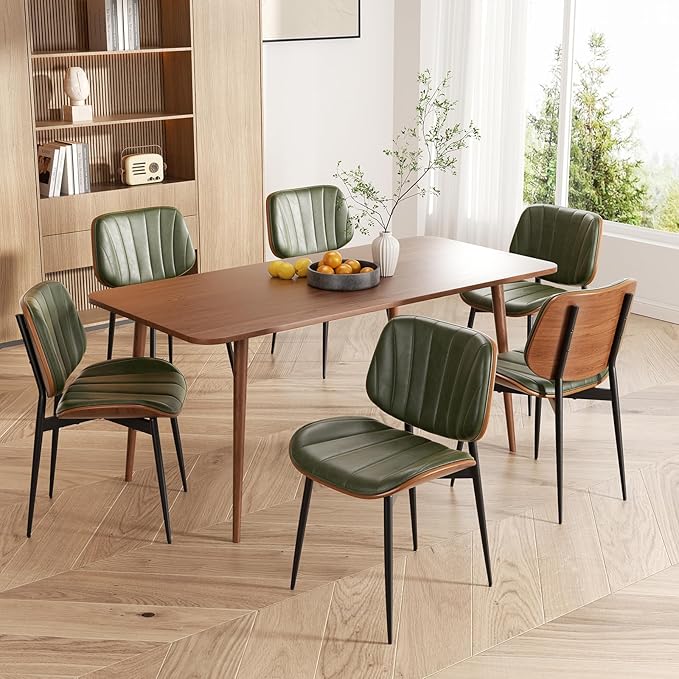 Dining Chairs Set of 8, Mid Century Modern Dining Room Chair, Upholstered Faux Leather Kitchen Chairs with Walnut Bentwood Back and Metal Legs for Kitchen Dining Room Living Room, Green