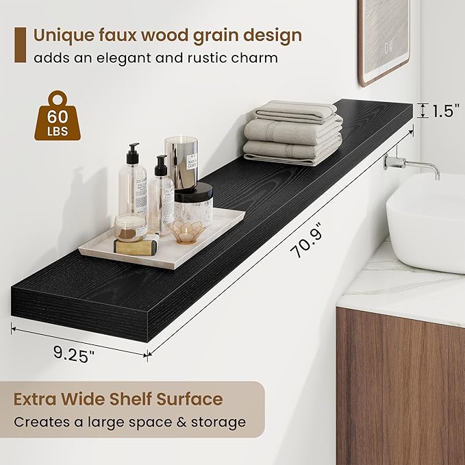 72in Floating Shelves for Wall, 72"W x 9.25"D x 1.5"H, Long Wall Mounted Engineered Wood Shelves with Invisible Brackets for Living Room, Bedroom, Bathroom, Kitchen Decor and Storage, Black