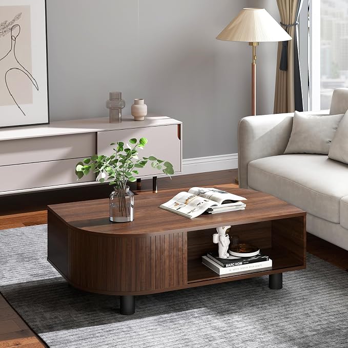 Mid-Century Modern 39.4" Coffee Table - Leaf-Shaped Wood Center Table with Storage, Retro Fluted Central Table with Sliding Door for Living Room, Office, Walnut