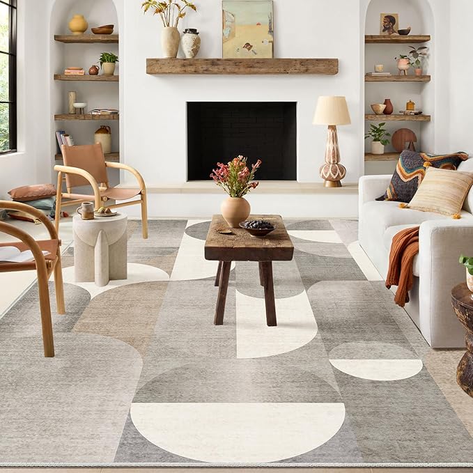 6x9 Area Rugs Beige Washable Rug for Living Room Bedroom,Large Modern Geometric Non Slip Carpet for Kitchen Dining Room