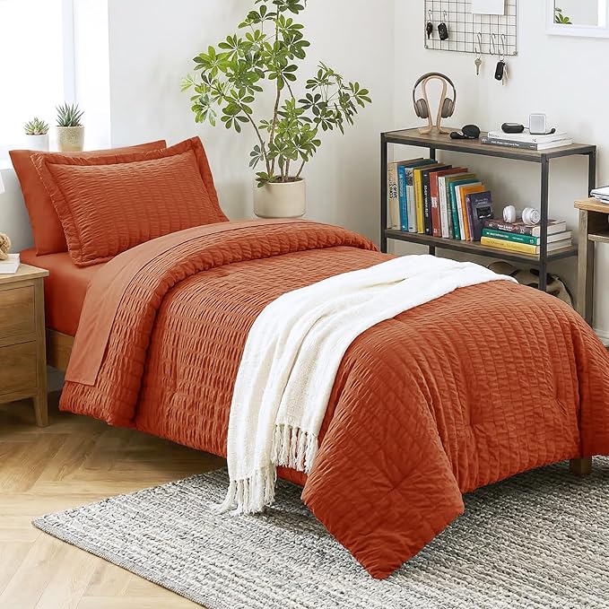 CozyLux Twin XL Comforter Set Burnt Orange, 5 Pieces Seersucker Twin Extra Long Bed in a Bag, College Dorm Down Alternative Bedding Set with Comforter, Sheets, Pillowcase & Sham, Back to School Gift