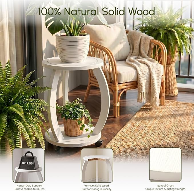 2 Tier Wooden Plant Stand Indoor with Wheels – Tall Plant Stand for 6-12 Inch Pots, Mid-Century Modern Rustic Plant Table Indoor, Pedestal Stand for Corner, Living Room, Balcony, White