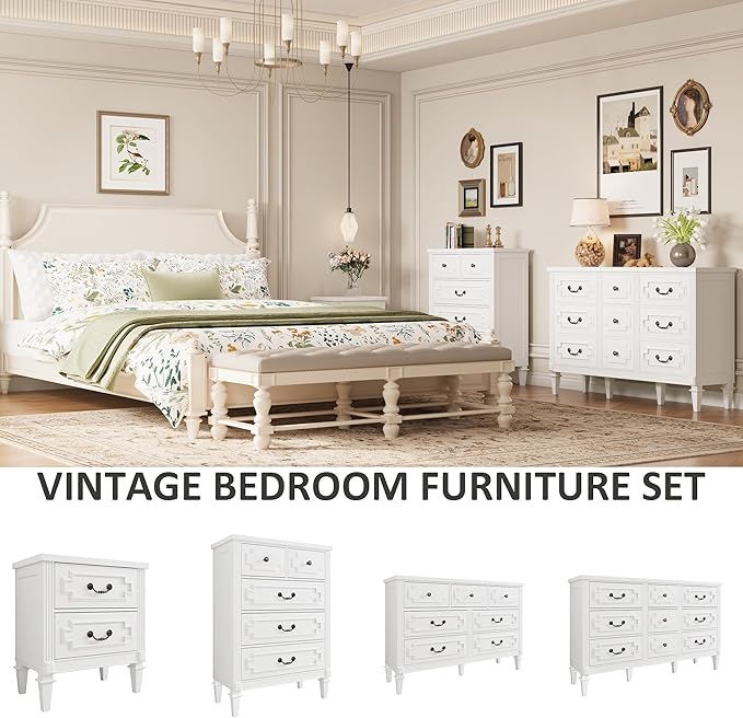 9 Drawer Dresser for Bedroom, 35.7" Tall Dresser & Chest of Drawers wtih Vintage Surface, Closet Storage Cabinet for Living Room, Hallway, White
