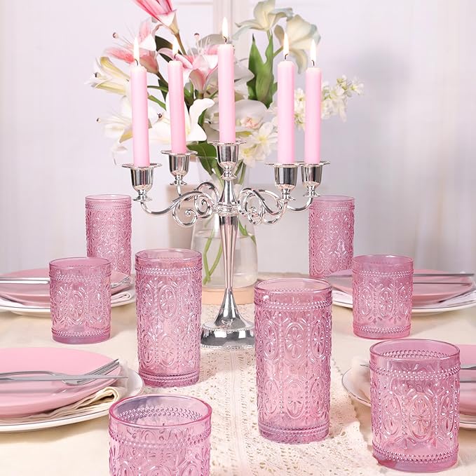 Drinking Highball Beverage Glass Cup, Vintage Drinking Glasses, Colored Glassware Set for Party Wedding Home Office Gift, Set of 4 ,Pink