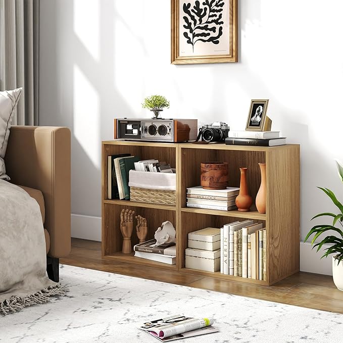 Giantex 2-Cube Bookshelf and Bookcase, 2-Layer Storage Shelf w/Large-Capacity Open Storage Space for Living Room Bedroom Study Office, Multi-Functional Furniture Display Cabinet, Natural