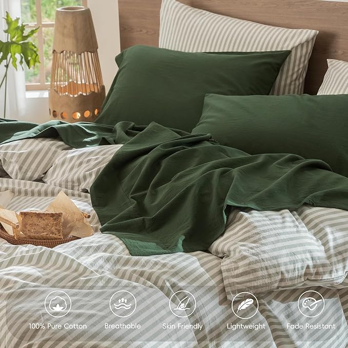 MooMee Bedding Sheet Set 100% Washed Cotton Linen Like Textured Breathable Durable Soft Comfy (Solid Forest Green, California King)