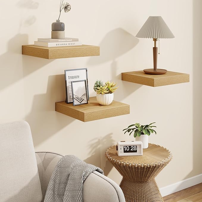 Marsmiles Square Floating Shelves for Wall, 12" W x 12" D x 1.5" H, 3 Pack Small Wall Mounted Engineered Wood Shelves with Invisible Brackets for Living Room, Bedroom, Bathroom, Kitchen Decor, Oak