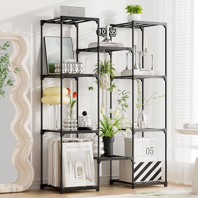 Plant Stand Indoor Outdoor Plant Shelf Stand, 4 Tiers 10 Pots Large Potted Metal Flower Plant Rack for Multiple Plants, Hanging Tall Planter Holder for Patio Balcony Living Room Corner Porch Garden Boho Decor Black