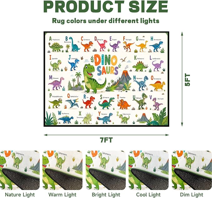 5'x7' Dinosaur Area Rug ABC Alphabet Educational Rugs for Bedroom Living Room Nursery Kitchen Playroom Home Decor Washable Cute Cartoon Dinosaur Floor Mat Carpet