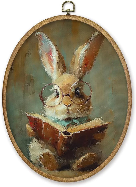 CGBHW Funny Easter Bunny Oval Wall Art Decor, Rustic Bunny Bookish Canvas Prints Framed, Country Farmhouse Rabbit Wall Art Hanging Decor for Reading Room Library Home Kitchen Bedroom, 8.6x11.4 Inch