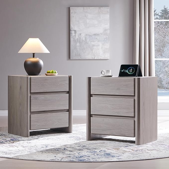 25" Tall Modern Nightstand Set of 2, 23.6" W Nightstand with Charging Station & 3 Storage Drawers & Open Shelf, Wood Night Stand w/Rounded Corner Design for Bedroom, Living Room (Light Grey)