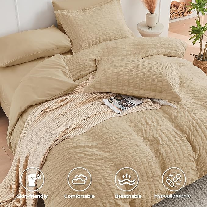 HYMOKEGE Khaki King Size Comforter Set Seersucker 7 Pieces, All Season Luxury Bed in a Bag for Bedroom, Bedding Set with Comforter, Sheets, Pillowcases & Shams