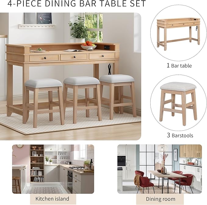 P PURLOVE 4 Piece Dining Bar Table Set with 3 Stools, Multifunctional, Industrial Style, USB Port, Space Saving, Solid Wood, Easy Assembly