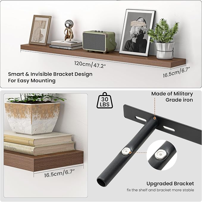 Heimlove 48 Inch Floating Shelves for Wall,Extra Long Wood Shelves Mounted Storage Hanging Shelf Invisible Bracket for Bedroom,Living Room,Kitchen,Office,Set of 2,Walnut Color