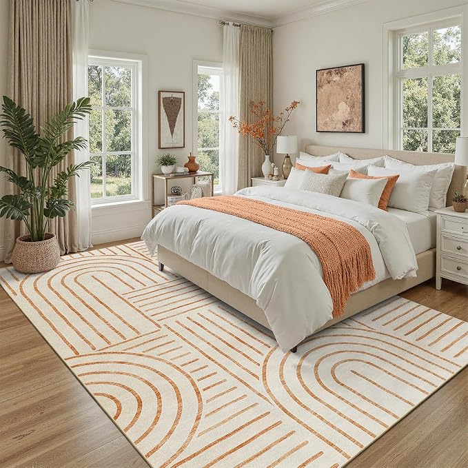 DCX Beige Machine Washable 6x9 Area Rug, Midcentury Modern Non Slip Stain Resistant Rug 6x9 for Living Room, Playroom, Dining Room, Soft 0.25" Low Pile Large Carpet