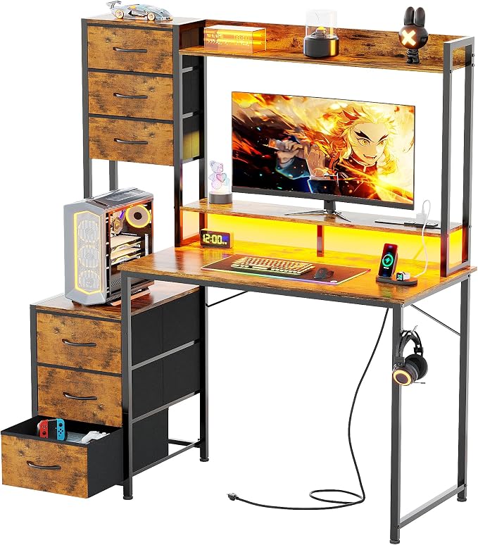 MUTUN 47 Inch Computer Gaming Desk with Hutch Power Outlet and LED Strip, Home Office Work Study Writing Desk with 6 Fabric Drawers and Storage for Bedroom, Escritorios para Computadoras, Rustic Brown