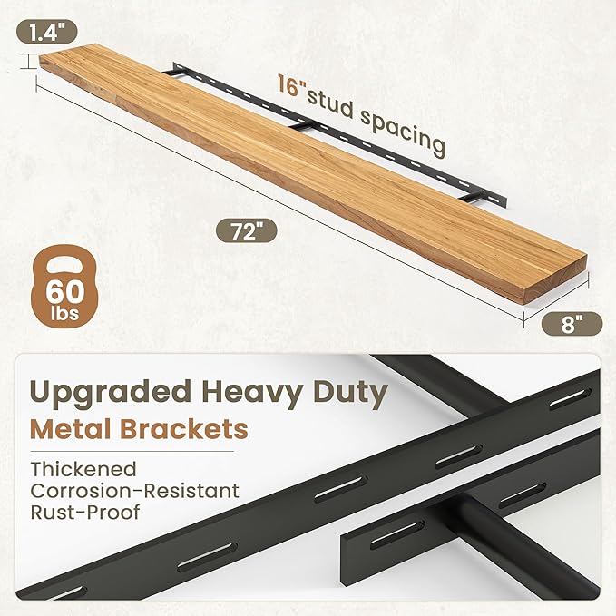 Fun Memories Solid Elm Wood Floating Shelves Set of 1-72 Inch Rustic Wall Shelves with Heavy-Duty Invisible Brackets - for Living Room, Kitchen, Bedroom, Bathroom - Natural Finish
