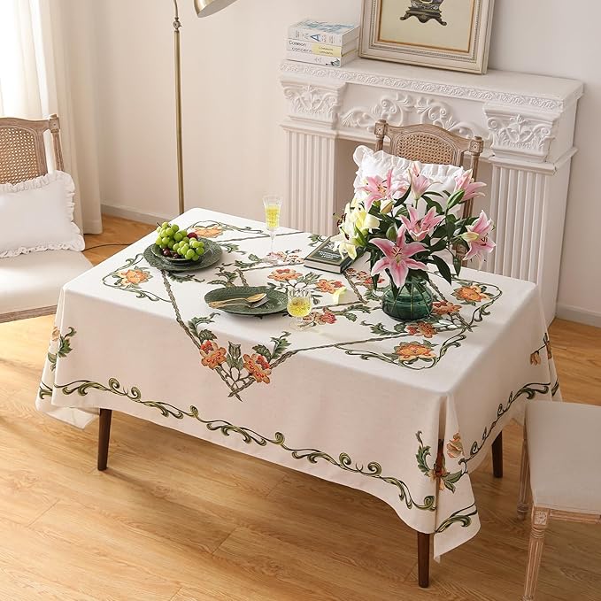 patdrea Designer Vintage Linen Floral Rectangle Tablecloth,French Tablecloths,Wrinkle Free Table Cloth,Decorative Table Cover Cloth for Kitchen,Dining,Tea Party,Home,Christmas,55"*71"