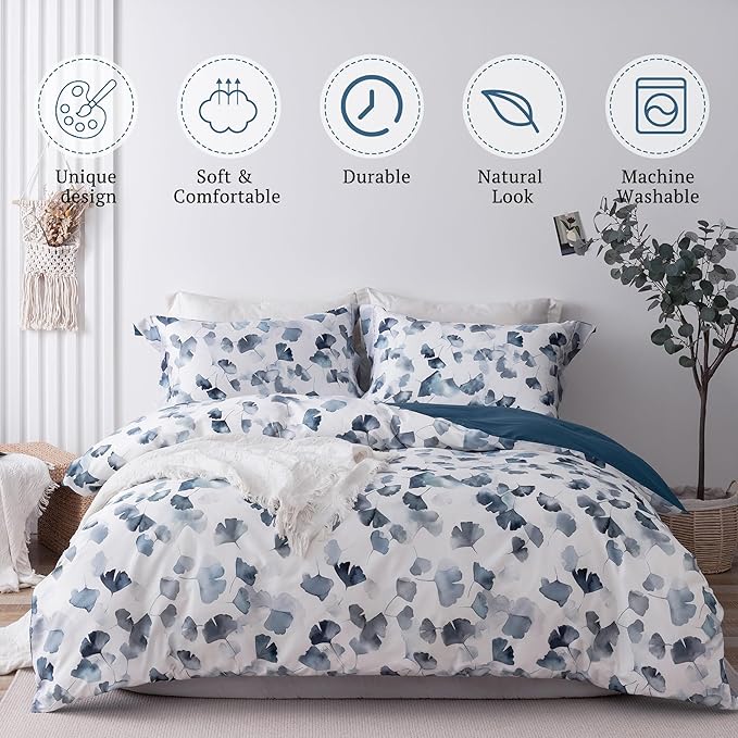 MILDLY Floral Duvet Cover Set - 100% Long-Staple Cotton Navy Ginkgo Leaf Pattern Printed Comforter Cover 3pcs Soft Breathable Luxury Bedding for All Season