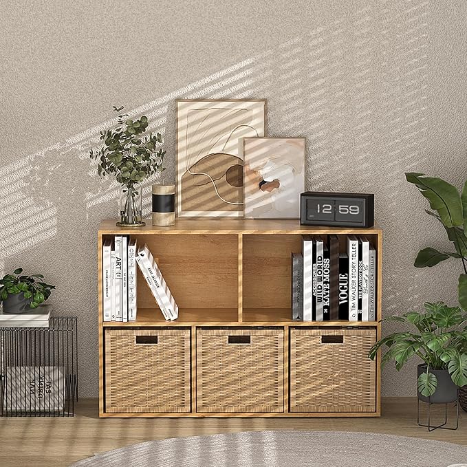 Wooden 5 Cube Storage Organizer with Closed Back Panel,White Cube Shelf Cubby Storage Organizer with Compartments for Living,Bookshelf, Easy to Install (Oak, 5 Cube-11in)
