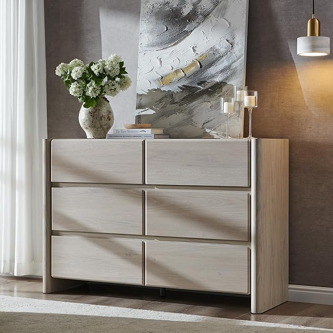 Modern 6 Drawers Dresser for Bedroom, 47" Wide Dresser w/Large Storage & Rounded Corner, Wood Handleless Chests of Drawers w/Natural Texture for Bedroom, Hallway, Living Room-Cream