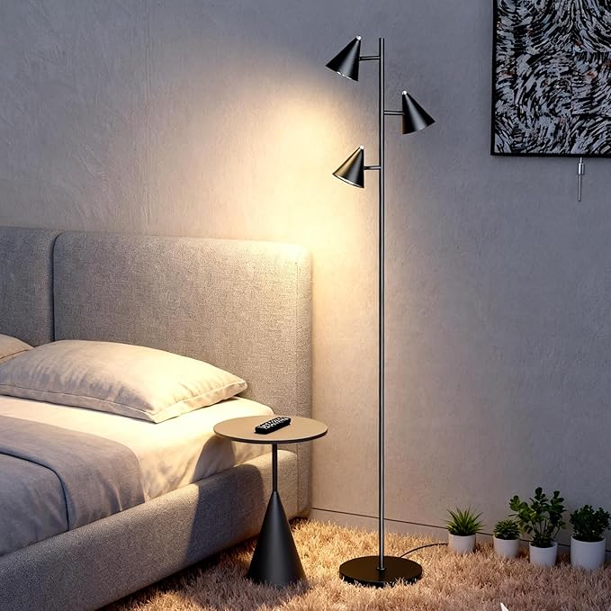 Black Floor Lamp with 3 Rotatable LED Lights，Magnetic Remote，5 Color Temp