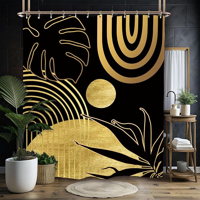 Miyotaa Abstract Modern Shower Curtain Set 60Wx71H Inches Minimalist Aesthetic Black Gold Contemporary Plant Monstera Leaves Geometric Polyester Waterproof Bathroom Curtain with 12 Hooks