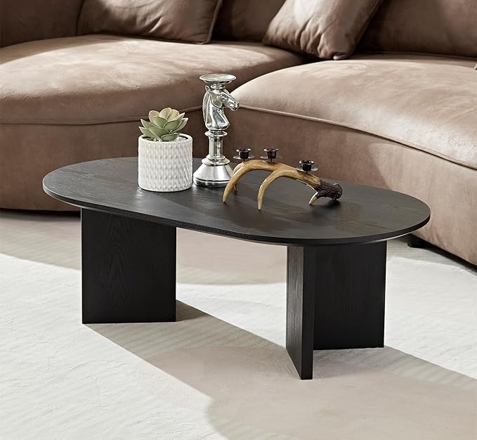 SSLine Mid-Century 39.37" Oval Coffee Table with Pedestal Base Black Wood Grain Top Cocktail Center Table for Living Room Bedroom