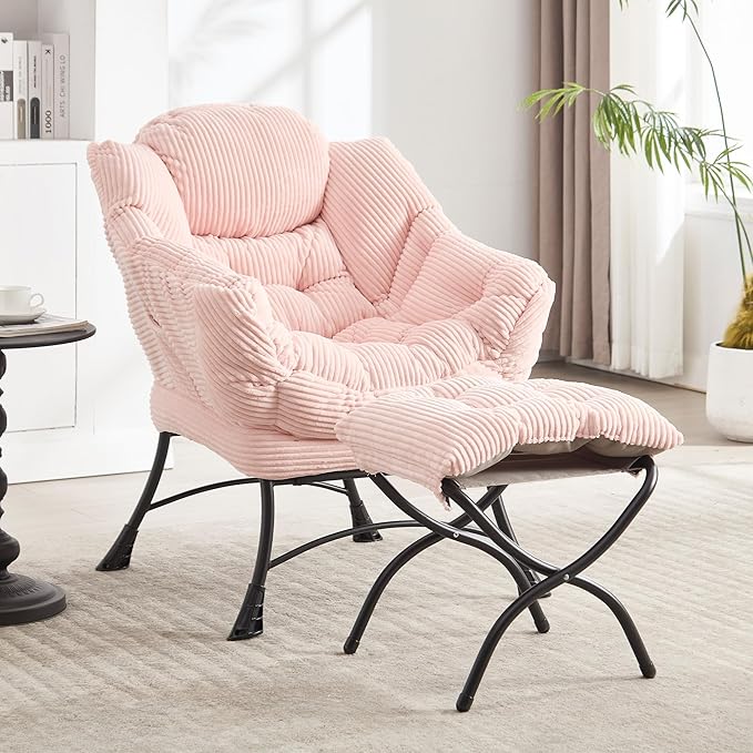 Lazy Chair with Ottoman, Comfy Lounge Chair for Reading, Relaxing, and Napping, Perfect for Living Room, Bedroom, or Office, Pink