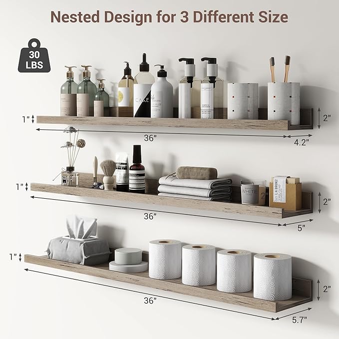 Axeman 36 Inch Floating Shelves | Grey Picture Ledge Shelf Set of 3 | Rustic Grey Wood Wall Shelves with Lip | 36" Picture Shelf for Wall with Ledge | Photo Shelves