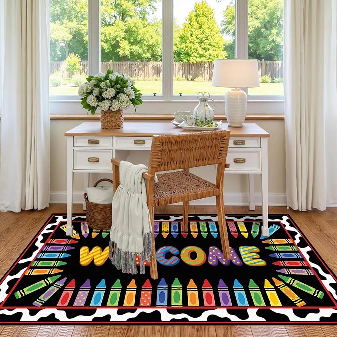 Welcome Crayon Area Rug 3'x5' Colorful Alphabet Rugs for Entryway Bedroom Living Room Nursery Playroom Classroom Home Decor Non-Slip Washable Carpet Kids Floor Mat