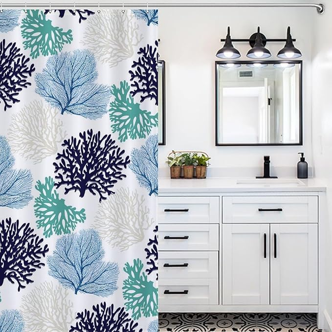 Nautical Coastal Shower Curtains,Blue Teal Beach Ocean Theme Shower Curtain for Bathroom Decor,Summer Tropical Seashell Starfish Coral Fabric Shower Curtain Set with Hooks,72x84Inch