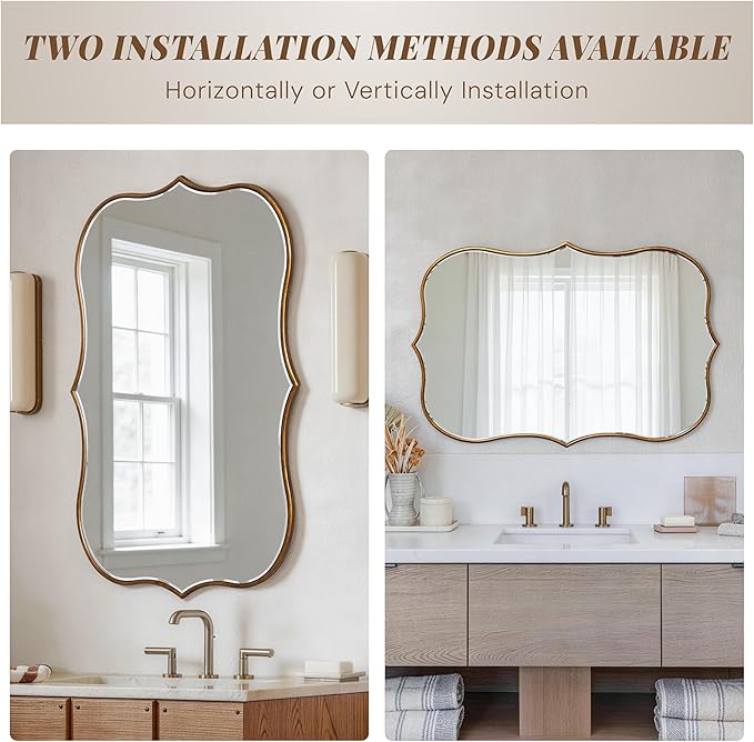 SHYFOY Antique Gold Mirrors for Wall Decor Decorative Wall Mirror Large 24" L x 36" W, Asymmetrical Wavy Accent Mirror with Scalloped Wood Frame, Bronze Farmhouse Traditional Mirror