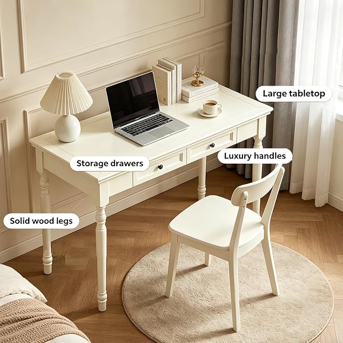 ADORZ Writing Desk with Drawers, 47 Inch French Country Desk Solid Wood Writing Desk for Home Office, Study Workspace or Bedroom (White, 47 inches)