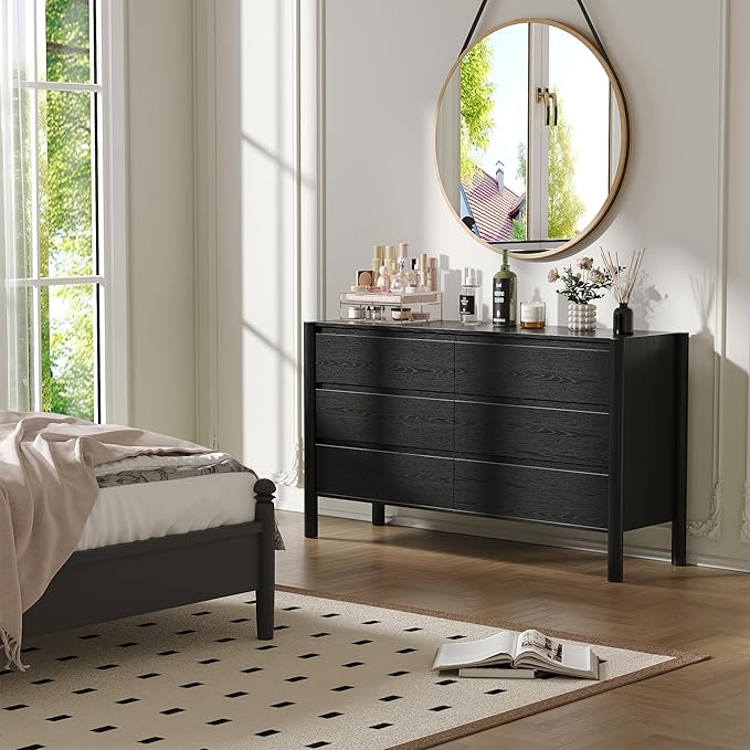 CHUWELL Dresser for Bedroom, 47" Wide Mid Century Chest of Drawers with 6 Large Storage Space and 4 Solid Wood Cylindrical Legs (Black)