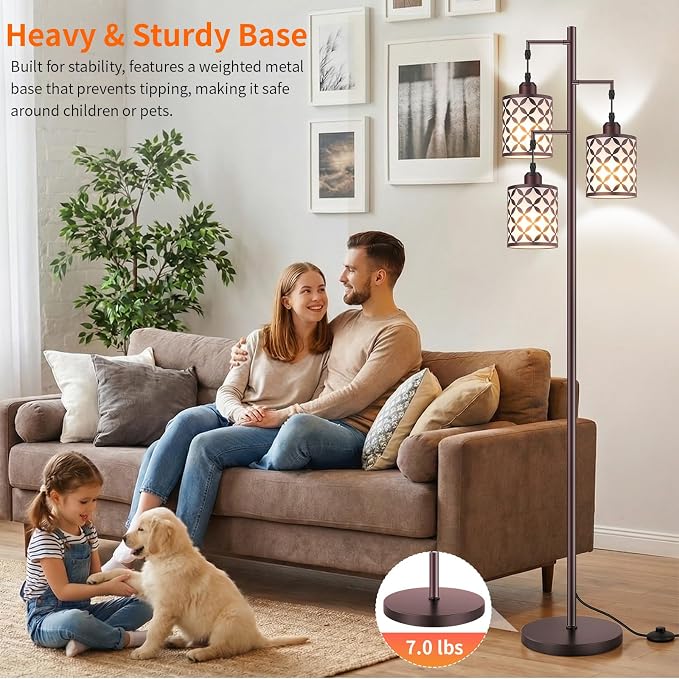 Dimmable Floor Lamp, Farmhouse Standing Lamp with Elegant Metal Cage, Industrial Tall Tree Floor Lamps for Living Room, Bedroom, Study Room, Office, 3 x 800LM LED Bulbs Included, 72", Brown