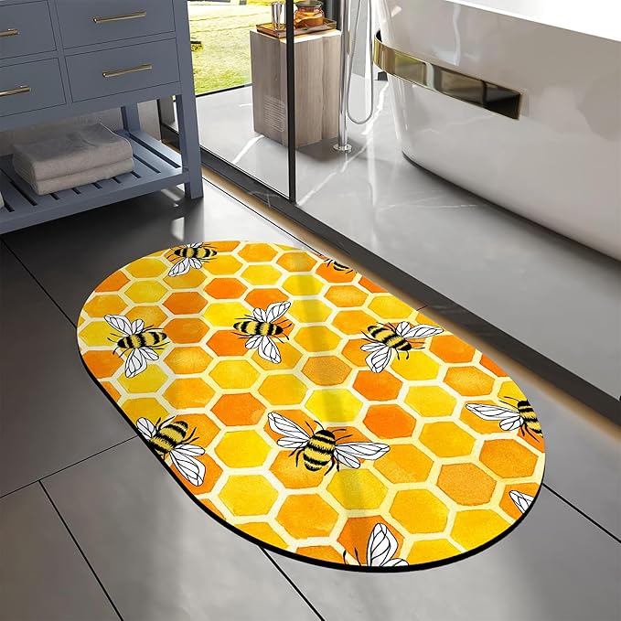 Diatomaceous Mud Bath Mat Yellow Honeycomb and Bees Oval Soft Wrinkle Free Bathroom Floor Rugs Non-Slip Super Absorbent Fast Drying Bath Rug for Bathroom Kitchen Door Mat 23.6x15.7 Inches