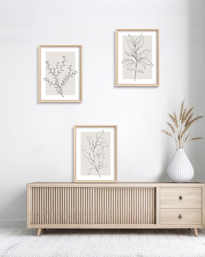 HesenDot 12x16in Botanical High Framed Wall Art Set of 3, Minimalist Line Drawing Plant Canvas Prints, Neutral Modern Nature Wall Decor for Living Room Bedroom Bathroom Office