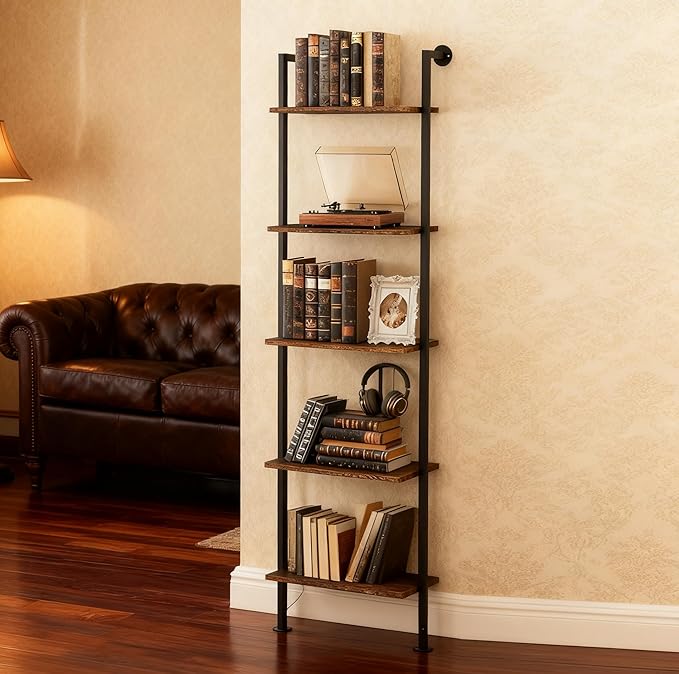 Acovy 5-Tier Bookshelf Solid Wood Ladder Shelf, Narrow Book Shelf Display Shelf, Wooden Bookcase, Wall Mount Ladder Shelf, Storage Rack for Living Room, Bedroom, Industrial Style, Dark Brown