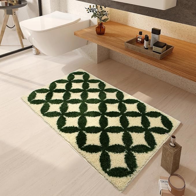 Civkor Green and Cream Bathroom Rug Non Slip Washable, Retro Bath Mat for Bathroom with TPR Backing, Quick Dry Fluffy Microfiber Piles, Super Water Absorbent Thin Bath Rug Fit Under Door, 31x20Inch