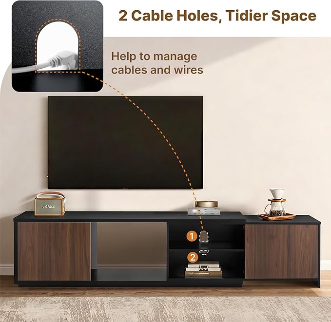 Extendable TV Stand for TVs up to 90",Modern Entertainment Center with Adjustable Shelf,Television Stand with 2 Storage Cabinets,Wooden TV Media Console for Living Room Bedroom Black