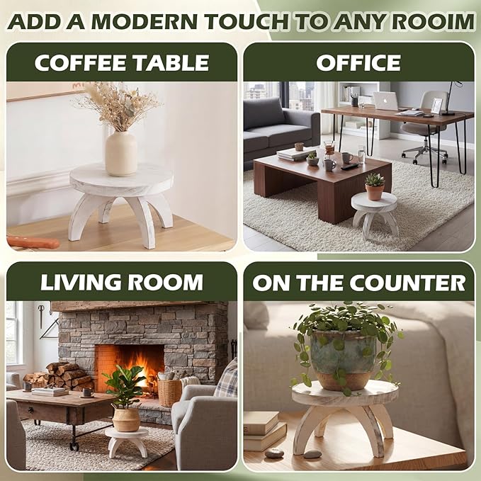 Novabright 2 Pcs Short Plant Pedestal Wood Plant Stool Round Low Wood Riser Pedestal Display Decor Flower Indoor Outdoor Rustic Farmhouse Table Balcony Decor Board Flower Holder Rise (White)