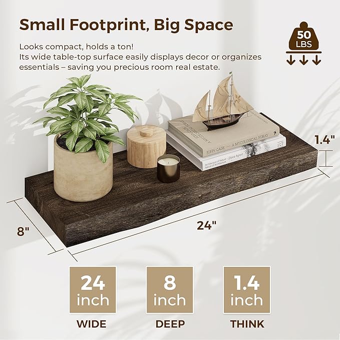 Dreamland 24 Inch Floating Shelves, Rustic Elm Wood Live Edge Wall Shelf for Home Decor, 8 Inch Deep Floating Shelf for Wall, 24 x 8 Bathroom Shelves Set of 2, Walnut Color