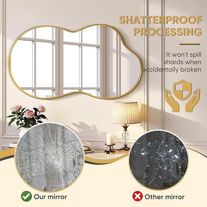 Suidia Irregular Wall Mirror, 36"x20" Bathroom Mirror Asymmetrical Mirrors Artistic Mirrors Decorative for Living Room Bedroom Bathroom Hallway Entryway, Gold, Cloud Style