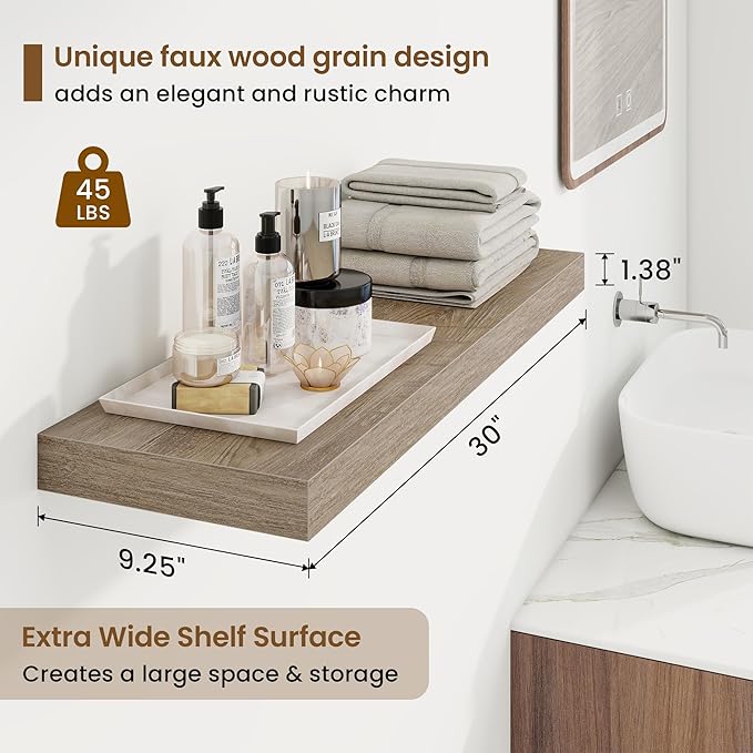 30in Floating Shelves for Wall, 30"W x 9.25"D x 1.25"H, 2 Pack Long Wall Mounted Engineered Wood Shelves with Invisible Brackets for Living Room, Bedroom, Bathroom, Kitchen Decor and Storage, Grey